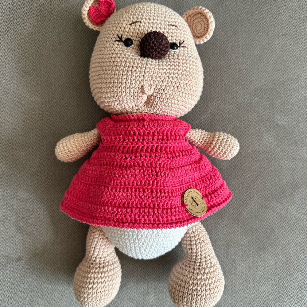 Handmade Crochet Bear Toy with Pink Dress